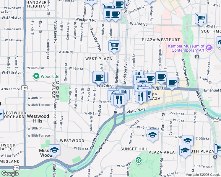 map of restaurants, bars, coffee shops, grocery stores, and more near 4727 Jarboe Street in Kansas City