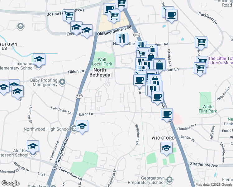 map of restaurants, bars, coffee shops, grocery stores, and more near 11420 Strand Drive in North Bethesda