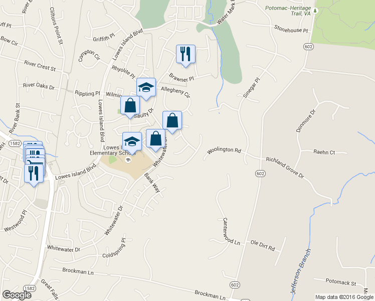 map of restaurants, bars, coffee shops, grocery stores, and more near 47773 Rafter Court in Sterling