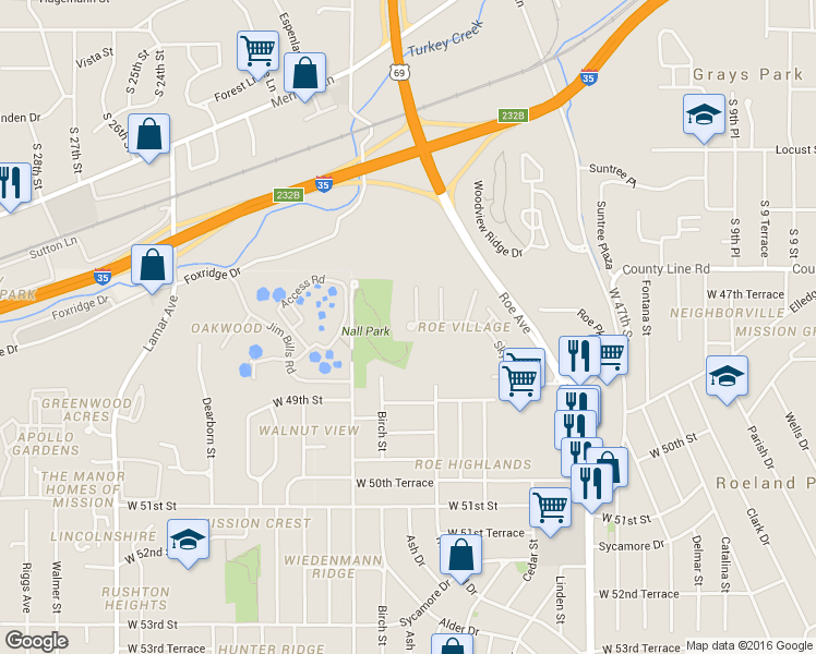 map of restaurants, bars, coffee shops, grocery stores, and more near 5010 Skyline Dr in Roeland Park