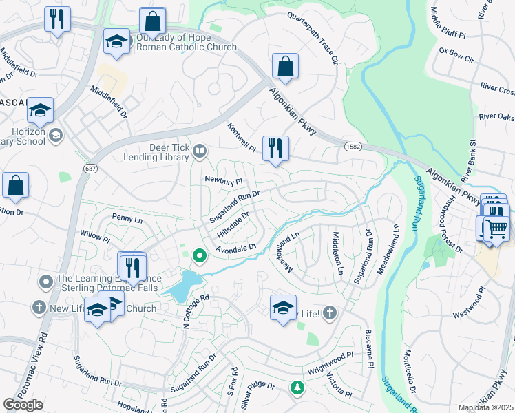map of restaurants, bars, coffee shops, grocery stores, and more near 511 Avondale Drive in Sterling