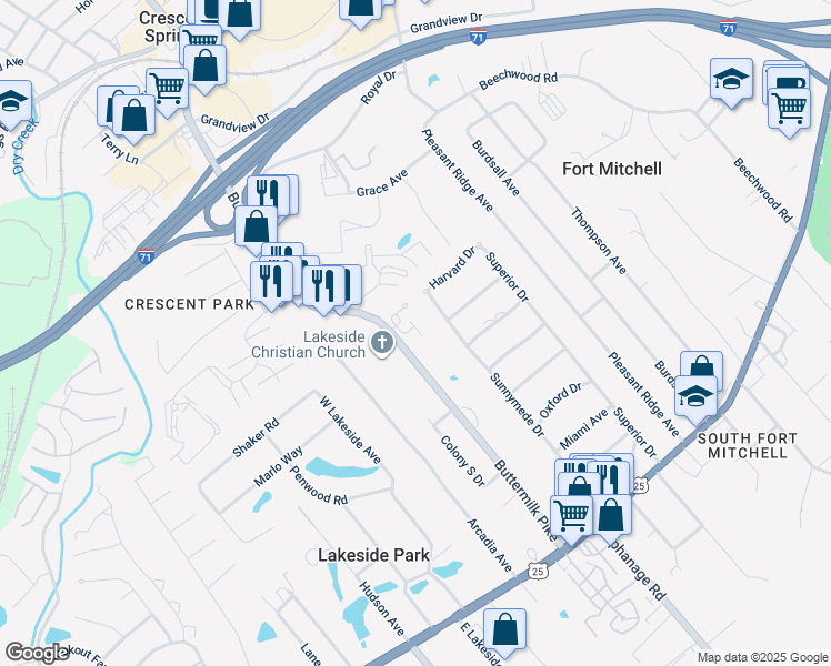 map of restaurants, bars, coffee shops, grocery stores, and more near 144 Buttermilk Pike in Lakeside Park