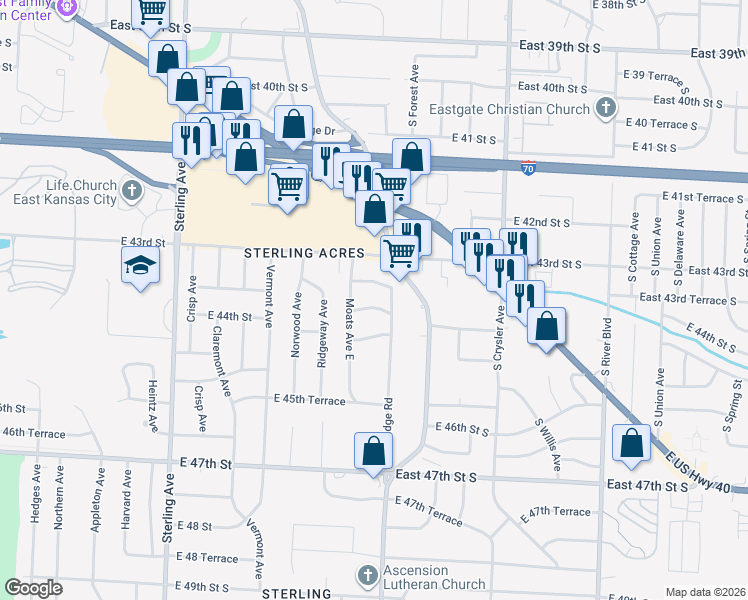 map of restaurants, bars, coffee shops, grocery stores, and more near 11911 East 44th Street in Kansas City