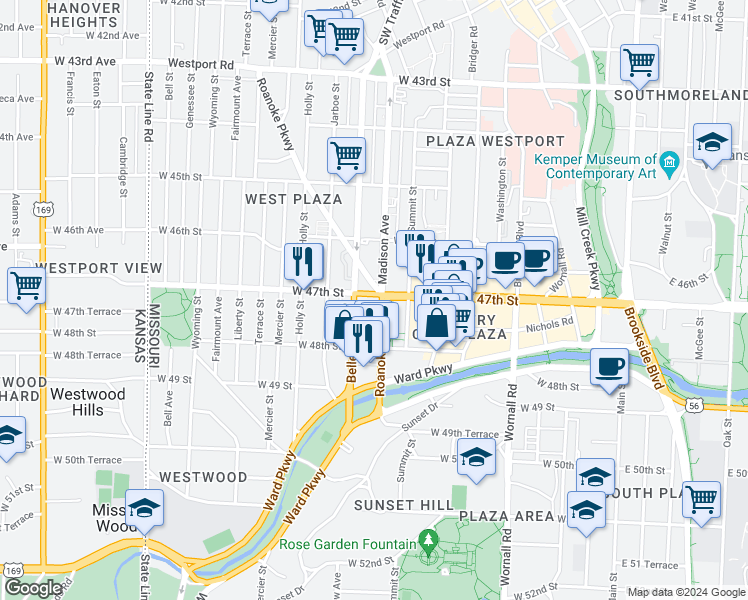 map of restaurants, bars, coffee shops, grocery stores, and more near in Kansas City