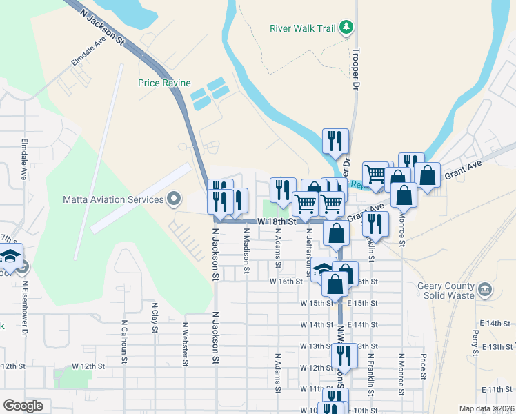 map of restaurants, bars, coffee shops, grocery stores, and more near 1815 North Madison Street in Junction City