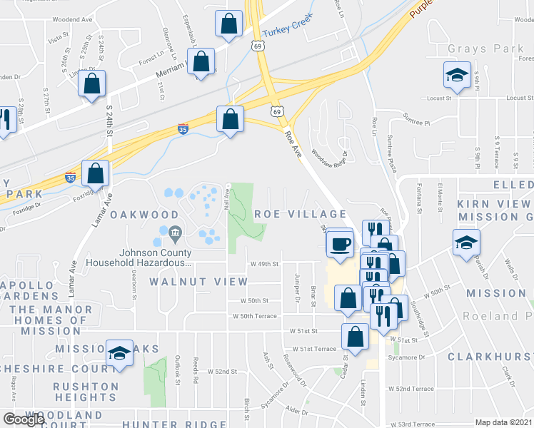 map of restaurants, bars, coffee shops, grocery stores, and more near 5404 Skyline Dr in Roeland Park