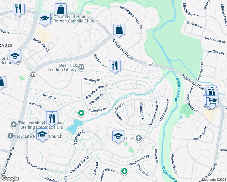 map of restaurants, bars, coffee shops, grocery stores, and more near 216 Hillsdale Drive in Sterling