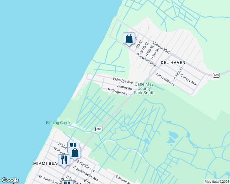 map of restaurants, bars, coffee shops, grocery stores, and more near 13 Rutledge Avenue in Cape May County