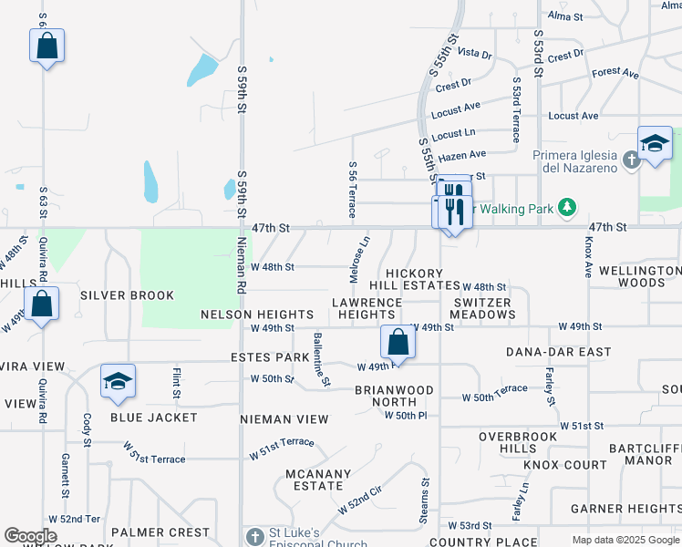 map of restaurants, bars, coffee shops, grocery stores, and more near 10508 West 48th Terrace in Shawnee