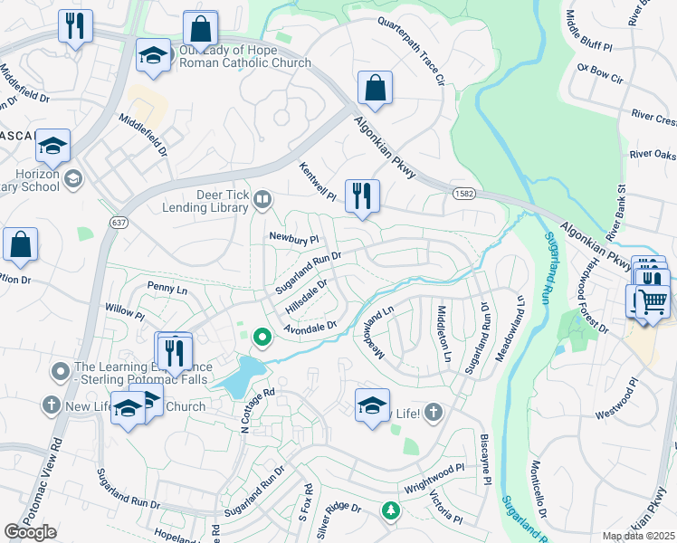 map of restaurants, bars, coffee shops, grocery stores, and more near 511 Avondale Drive in Sterling