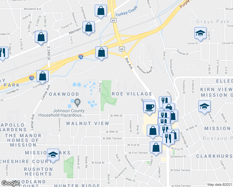 map of restaurants, bars, coffee shops, grocery stores, and more near 4920 Skyline Dr in Roeland Park