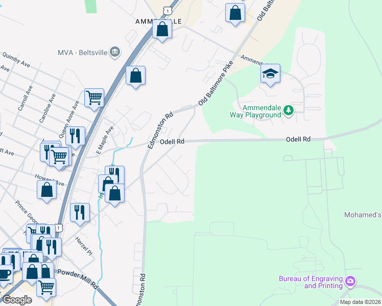 map of restaurants, bars, coffee shops, grocery stores, and more near 5409 Odell Road in Beltsville