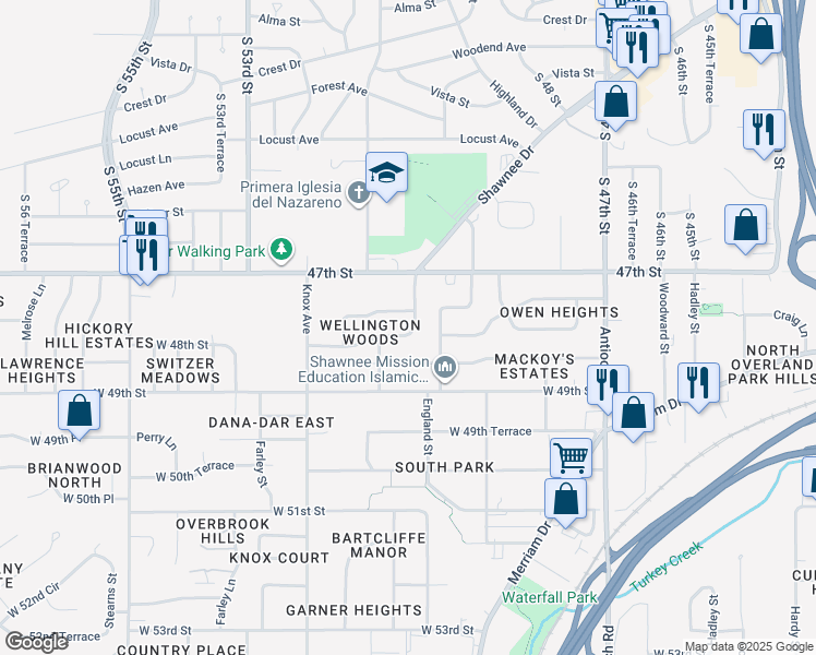 map of restaurants, bars, coffee shops, grocery stores, and more near 9407 West 48th Street in Shawnee