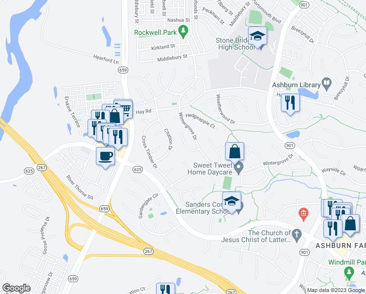 map of restaurants, bars, coffee shops, grocery stores, and more near 20747 Spiceberry Court in Ashburn