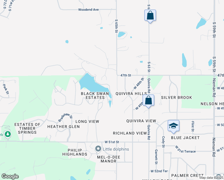 map of restaurants, bars, coffee shops, grocery stores, and more near 4725 Black Swan Drive in Shawnee