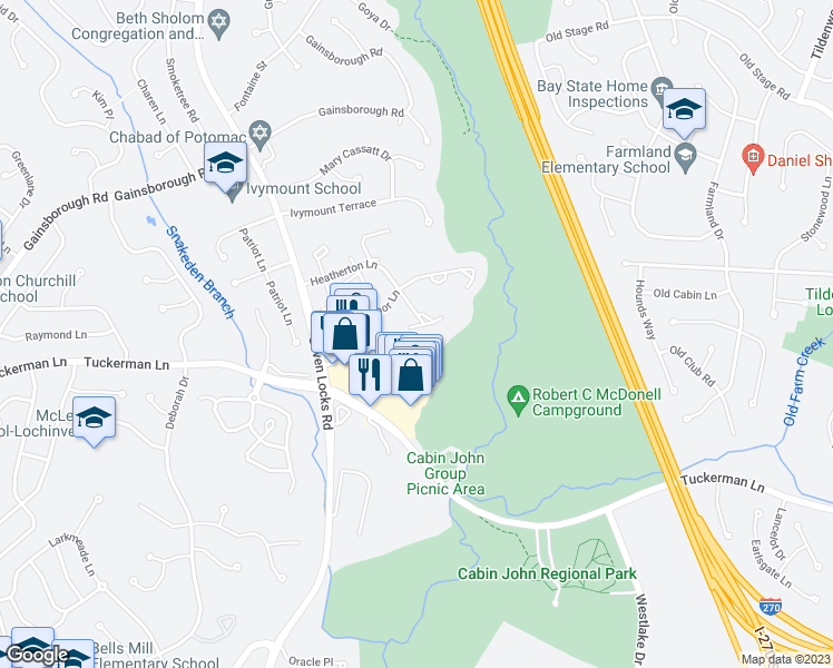 map of restaurants, bars, coffee shops, grocery stores, and more near 7512 Heatherton Lane in Rockville