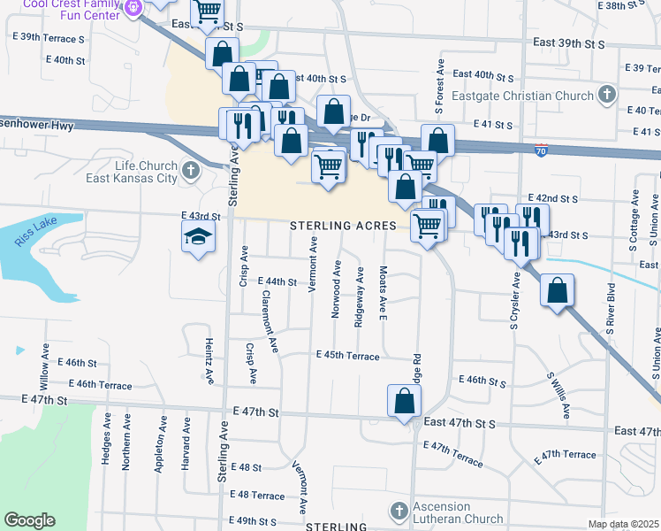 map of restaurants, bars, coffee shops, grocery stores, and more near 4408 Norwood Avenue in Kansas City