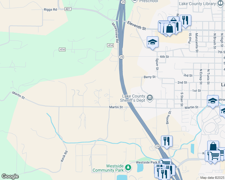 map of restaurants, bars, coffee shops, grocery stores, and more near 60 Shirley Court in Lakeport