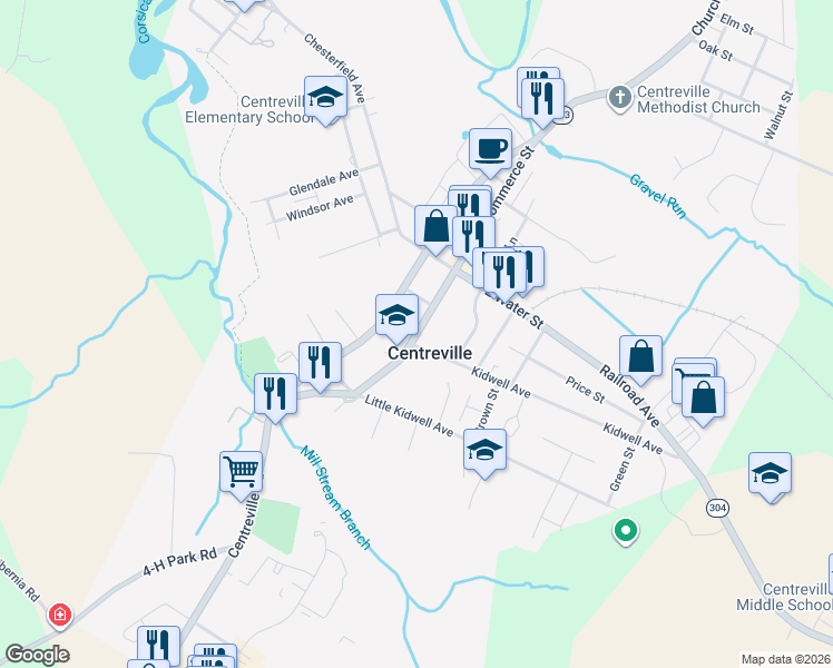 map of restaurants, bars, coffee shops, grocery stores, and more near South Commerce Street in Centreville
