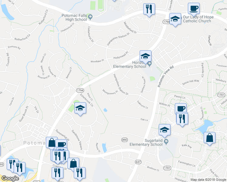 map of restaurants, bars, coffee shops, grocery stores, and more near 46468 Montgomery Place in Sterling