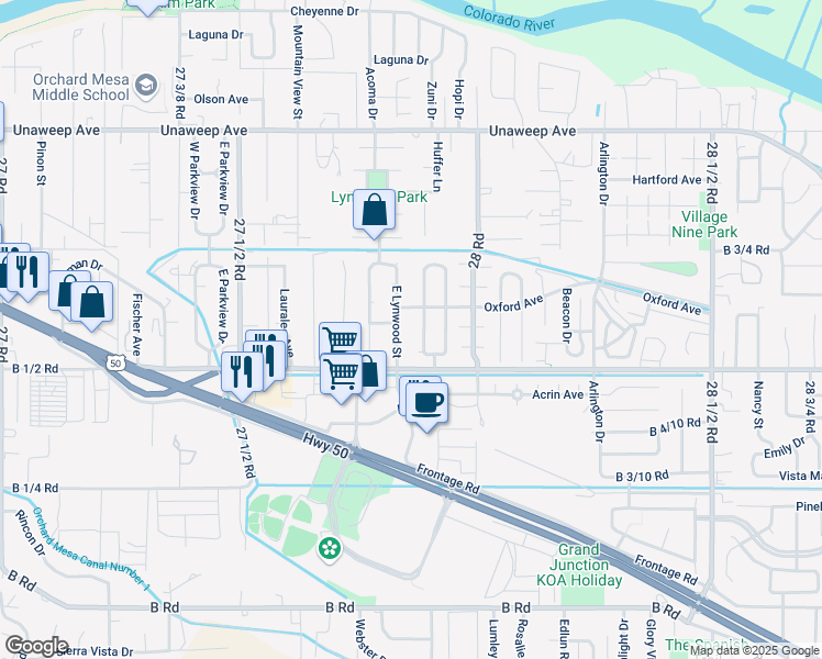 map of restaurants, bars, coffee shops, grocery stores, and more near 255 East Lynwood Street in Grand Junction