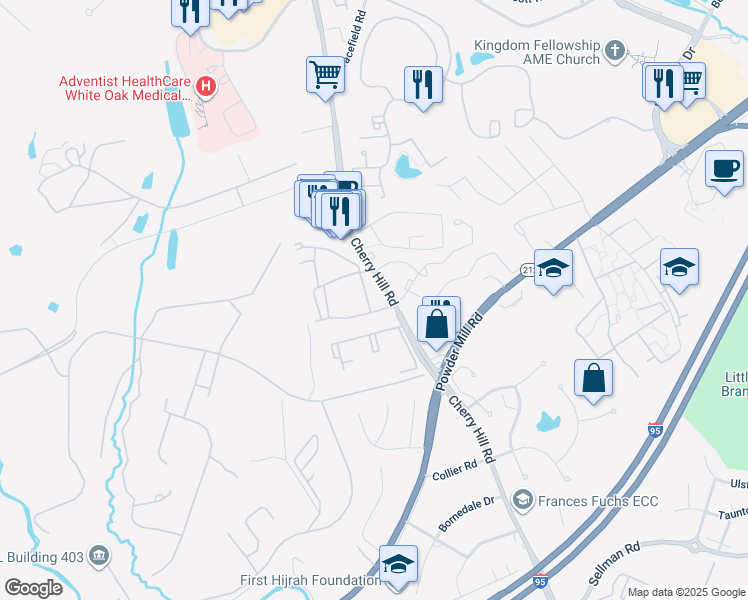map of restaurants, bars, coffee shops, grocery stores, and more near 11322 Cherry Hill Road in Beltsville
