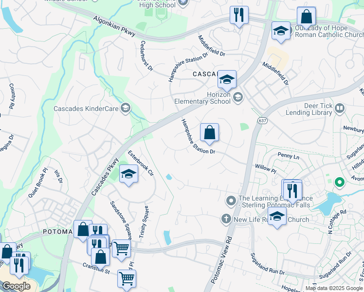 map of restaurants, bars, coffee shops, grocery stores, and more near 46468 Montgomery Place in Sterling