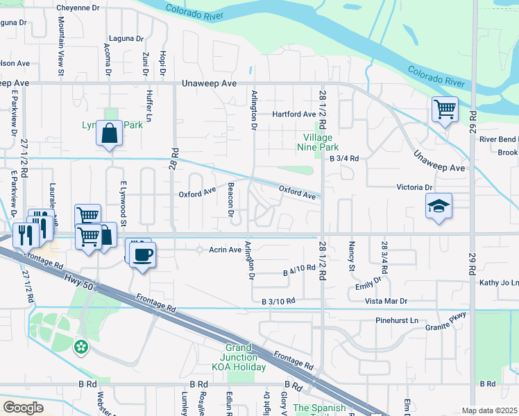 map of restaurants, bars, coffee shops, grocery stores, and more near 257 Coventry Court in Grand Junction