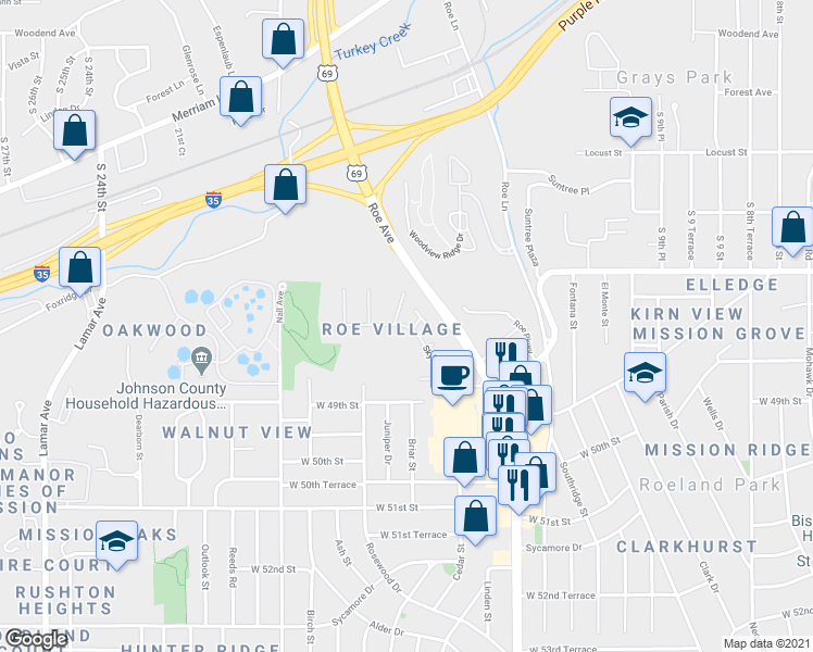 map of restaurants, bars, coffee shops, grocery stores, and more near 5212 Skyline Dr in Roeland Park