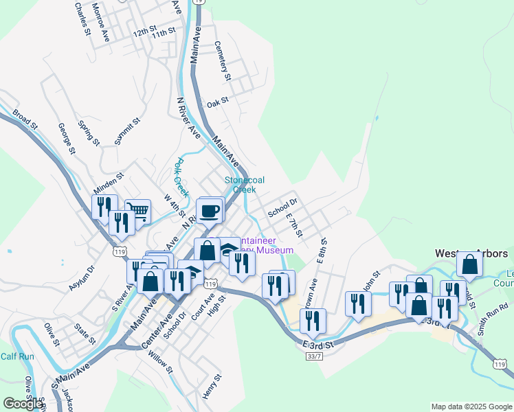 map of restaurants, bars, coffee shops, grocery stores, and more near 508 Center Avenue in Weston