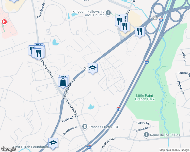 map of restaurants, bars, coffee shops, grocery stores, and more near 3601 Powder Mill Road in Beltsville