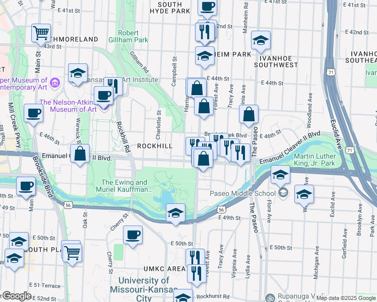 map of restaurants, bars, coffee shops, grocery stores, and more near 4629 Harrison Street in Kansas City