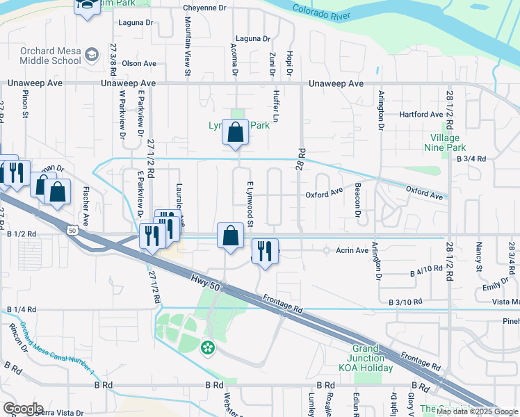 map of restaurants, bars, coffee shops, grocery stores, and more near 255 East Lynwood Street in Grand Junction