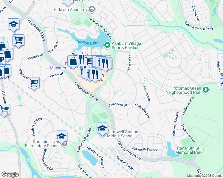 map of restaurants, bars, coffee shops, grocery stores, and more near 20742 Apollo Terrace in Ashburn