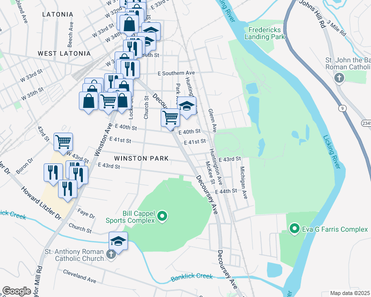 map of restaurants, bars, coffee shops, grocery stores, and more near 306 East 42nd Street in Covington
