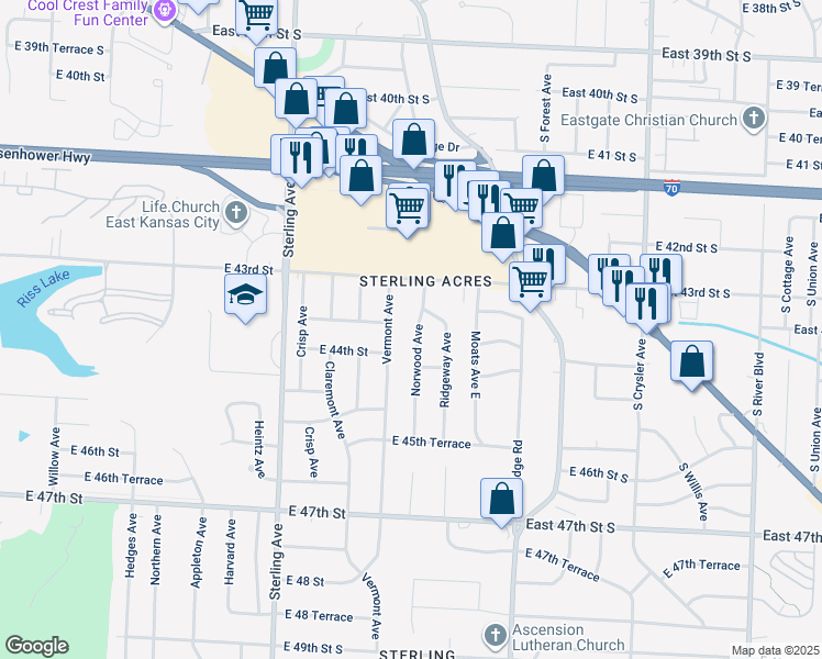 map of restaurants, bars, coffee shops, grocery stores, and more near 4408 Norwood Avenue in Kansas City