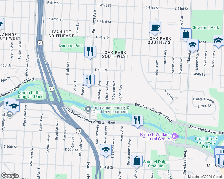 map of restaurants, bars, coffee shops, grocery stores, and more near 4617 South Benton Avenue in Kansas City