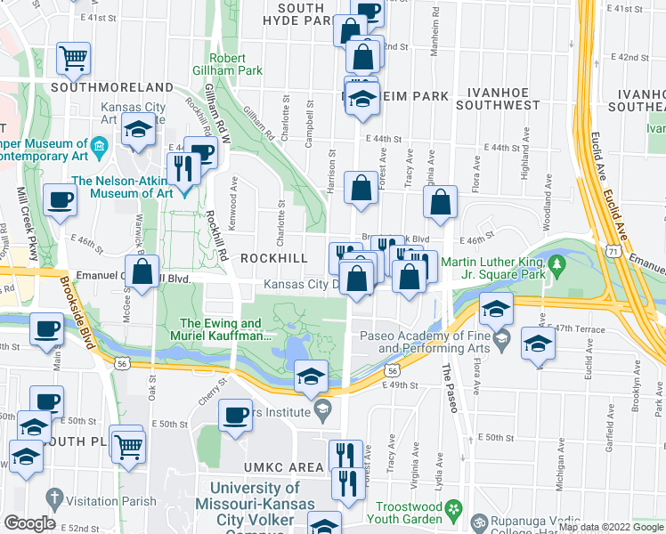 map of restaurants, bars, coffee shops, grocery stores, and more near 4641 Harrison Street in Kansas City