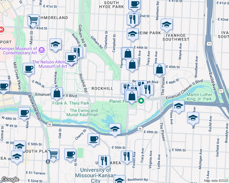 map of restaurants, bars, coffee shops, grocery stores, and more near 902 E Emanuel Cleaver II Boulevard in Kansas City
