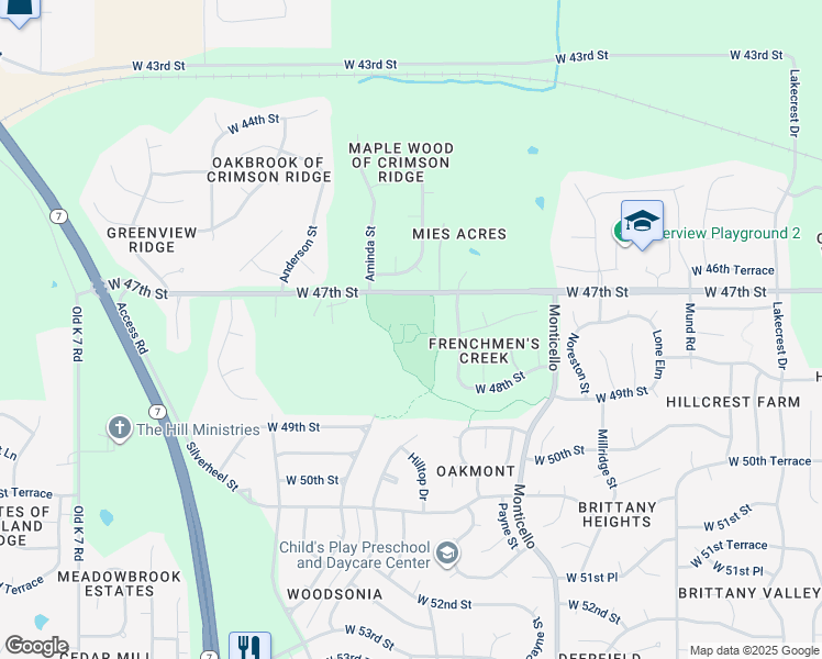 map of restaurants, bars, coffee shops, grocery stores, and more near 22325 West 47th Street in Shawnee