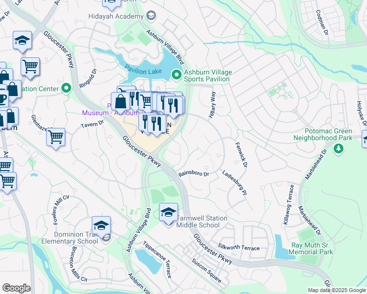 map of restaurants, bars, coffee shops, grocery stores, and more near 20742 Apollo Terrace in Ashburn