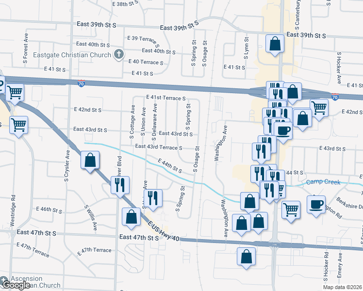 map of restaurants, bars, coffee shops, grocery stores, and more near 13305 East 43rd Terrace South in Independence