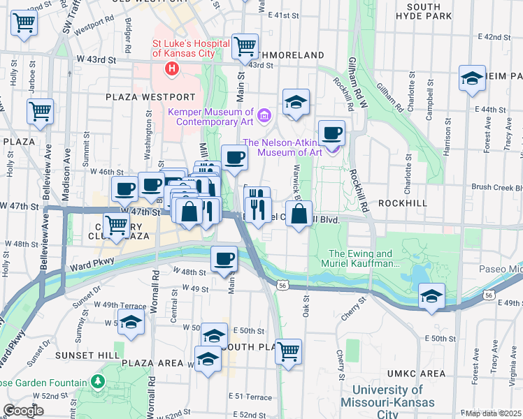 map of restaurants, bars, coffee shops, grocery stores, and more near 212 Emanuel Cleaver II Boulevard in Kansas City