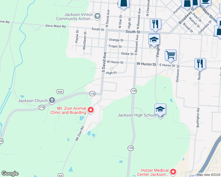 map of restaurants, bars, coffee shops, grocery stores, and more near 83 Grandview Avenue in Jackson