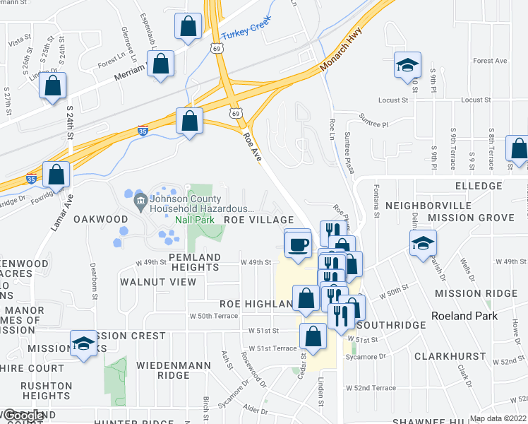 map of restaurants, bars, coffee shops, grocery stores, and more near 5240 Skyline Dr in Roeland Park