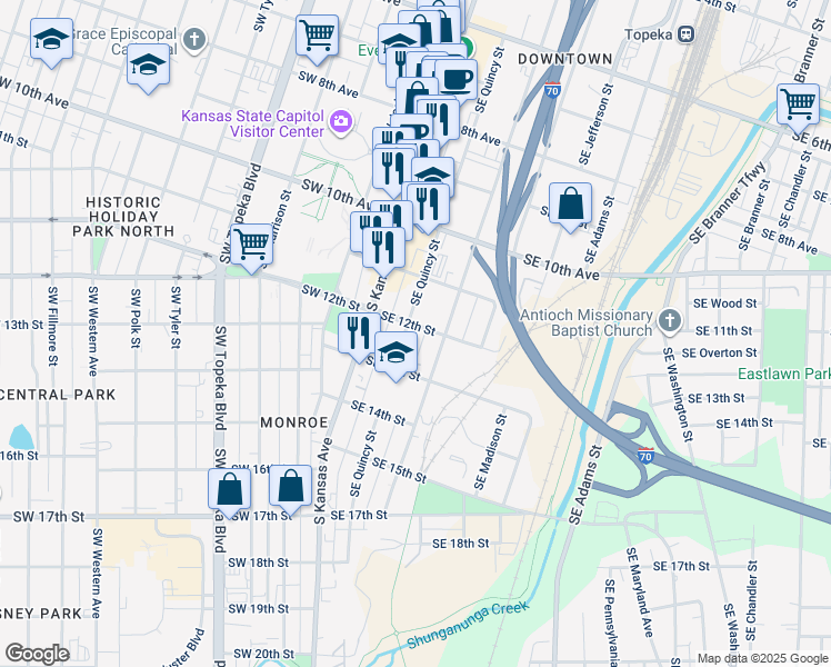 map of restaurants, bars, coffee shops, grocery stores, and more near 1200 Southeast Quincy Street in Topeka