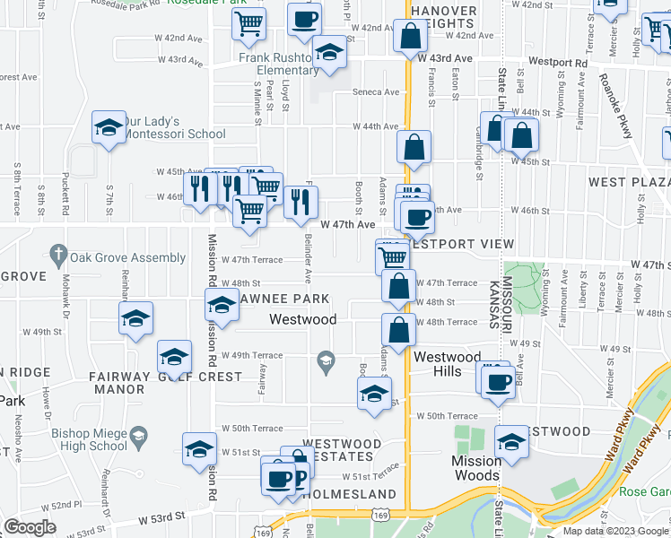 map of restaurants, bars, coffee shops, grocery stores, and more near 2524 West 47th Terrace in Westwood
