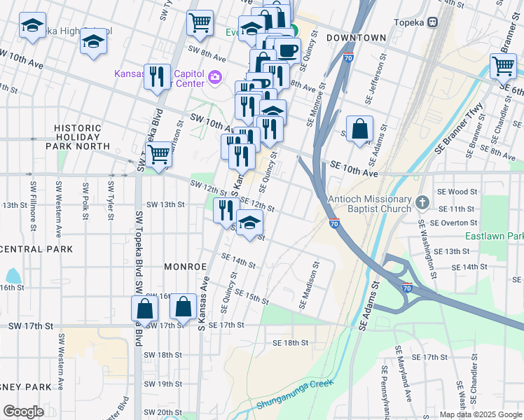 map of restaurants, bars, coffee shops, grocery stores, and more near 1200 Southeast Quincy Street in Topeka