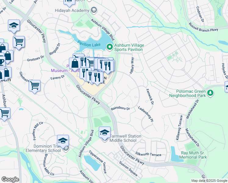 map of restaurants, bars, coffee shops, grocery stores, and more near 20740 Apollo Terrace in Ashburn