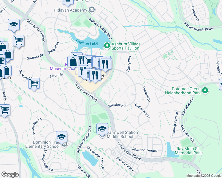 map of restaurants, bars, coffee shops, grocery stores, and more near 20740 Apollo Terrace in Ashburn